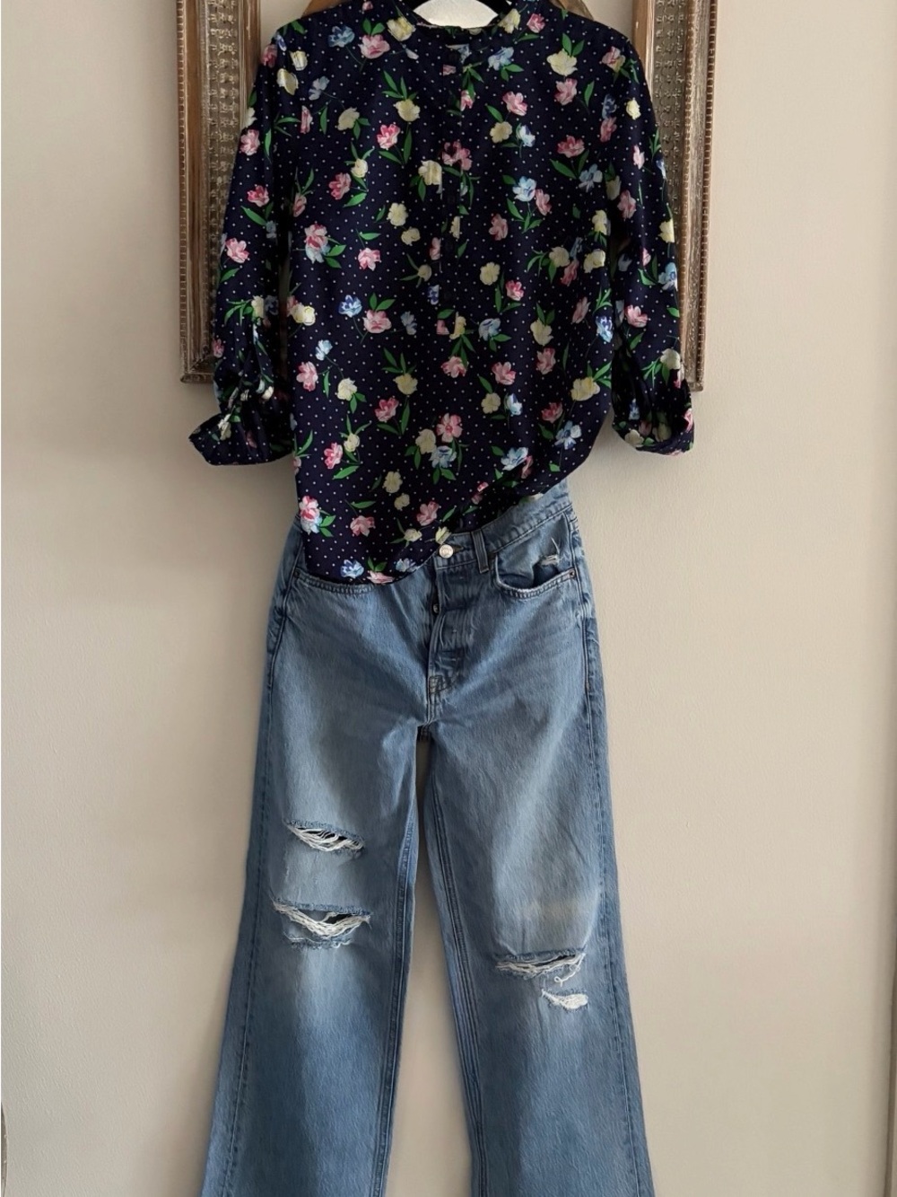 Talbots Navy Floral Blouse with Pink, Blue & Yellow Flowers